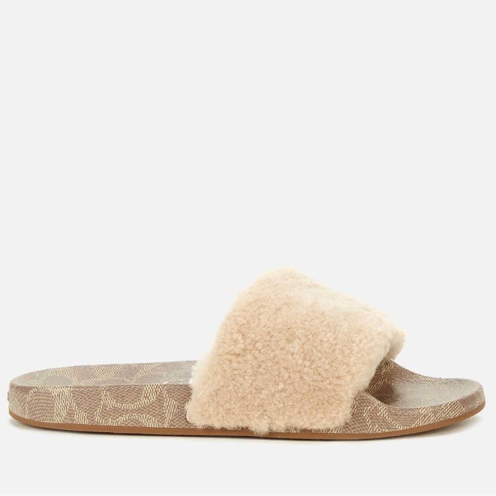 COACH Brown Tan Fur Slides Sandals - Picture 2 of 6